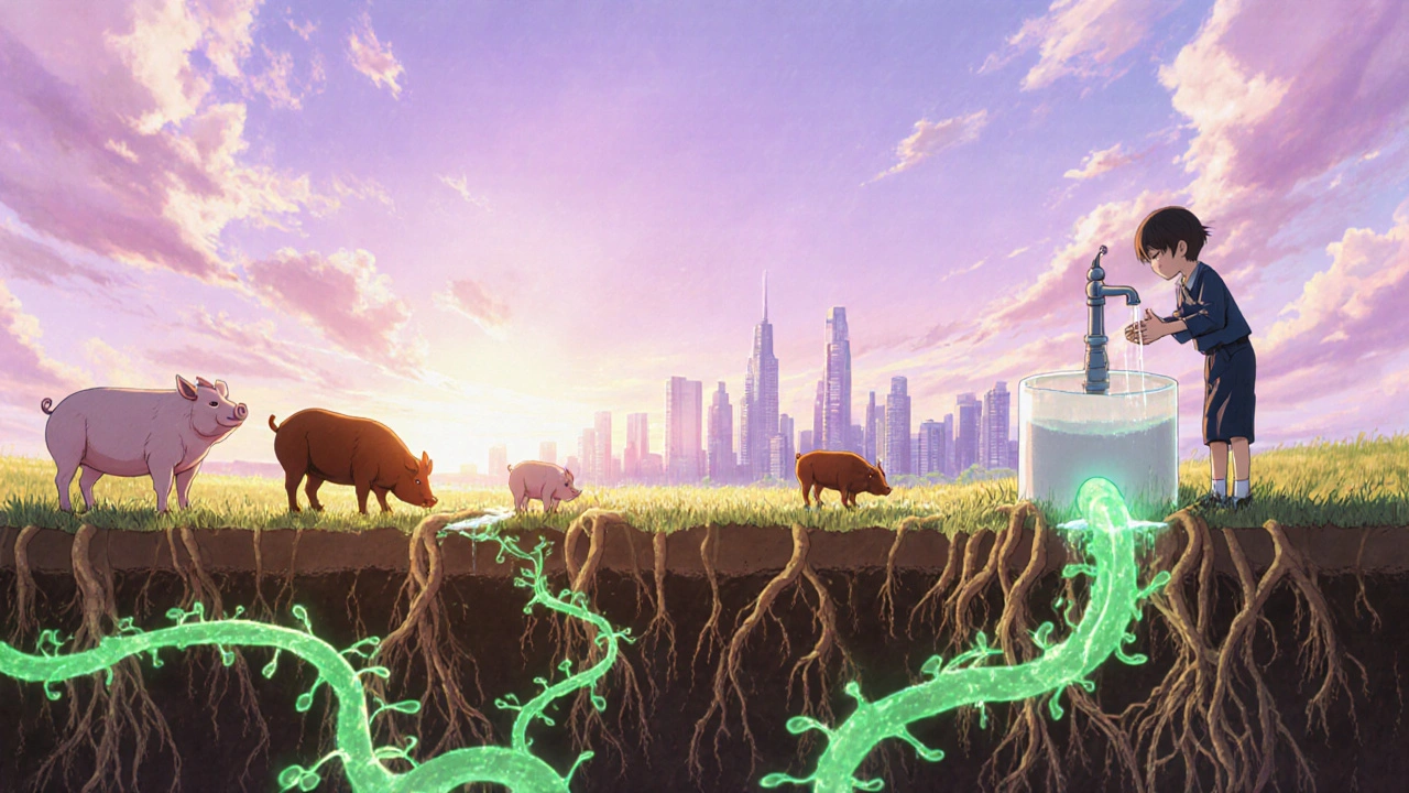 Paysage agricole paisible avec des bactéries résistantes se propageant sous terre vers une ville lointaine.