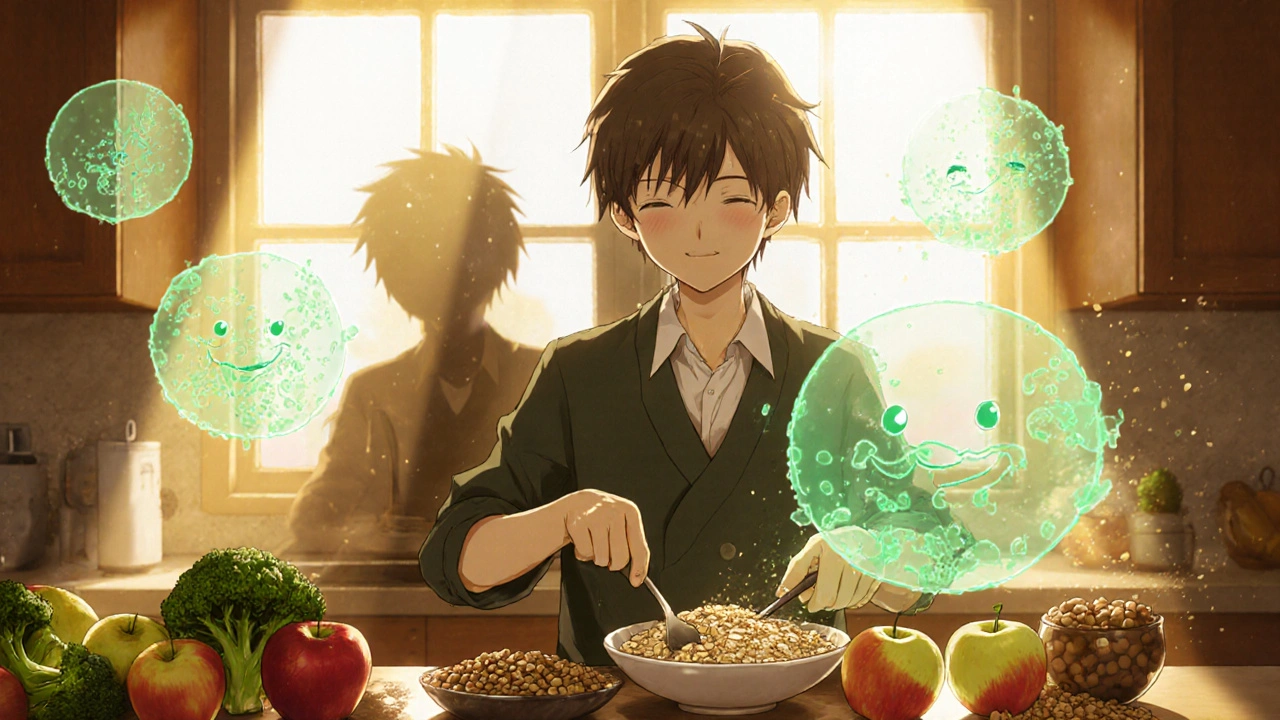 Personne préparant un repas riche en fibres, des bactéries bénéfiques brillantes entourent les aliments.