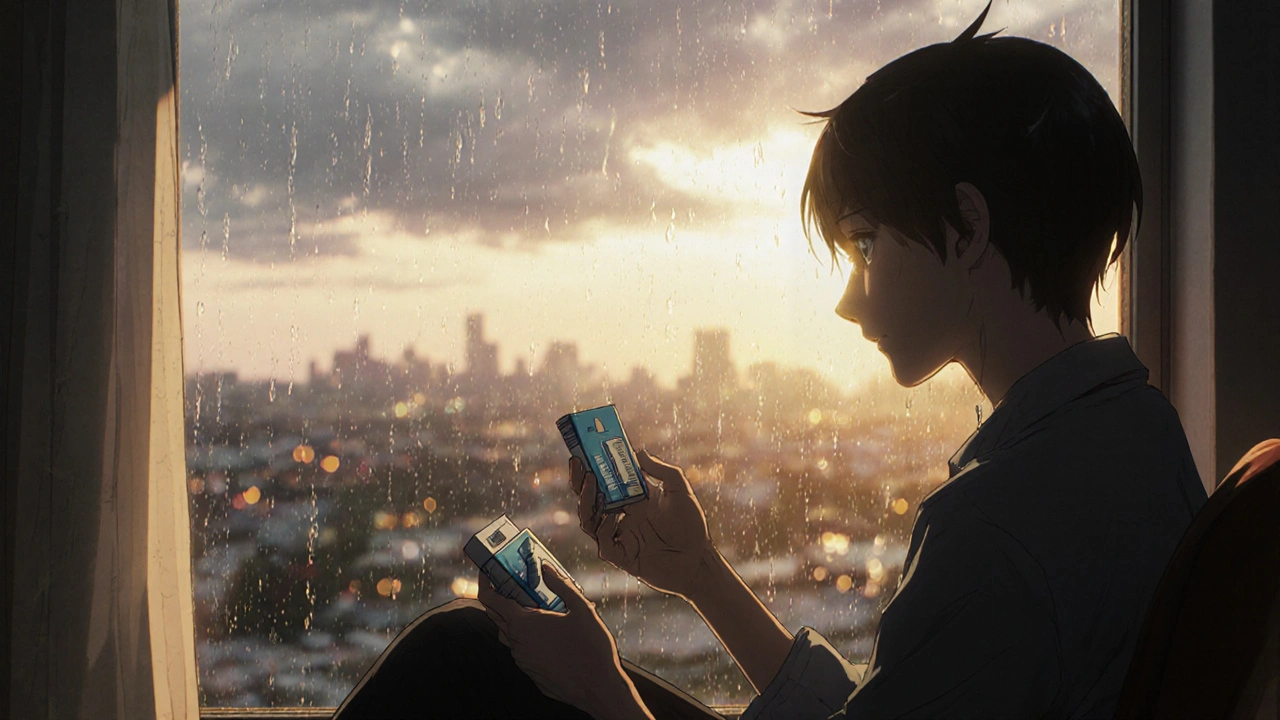 Personne tenant une pilule de varenicline et un paquet de cigarettes vide près d&#039;une fenêtre sous la pluie au lever du jour.