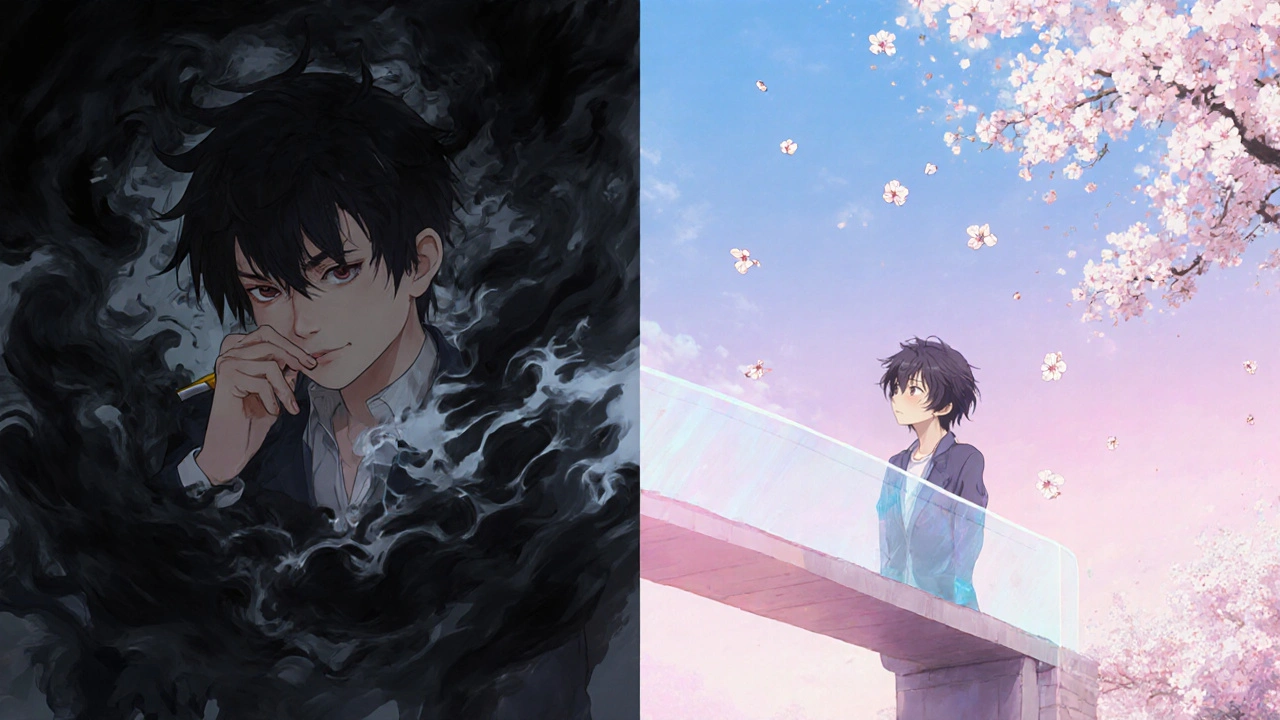 Scène divisée : à gauche, une personne subissant des envies de cigarette ; à droite, la même personne en paix, entourée de pétales de cerisier.