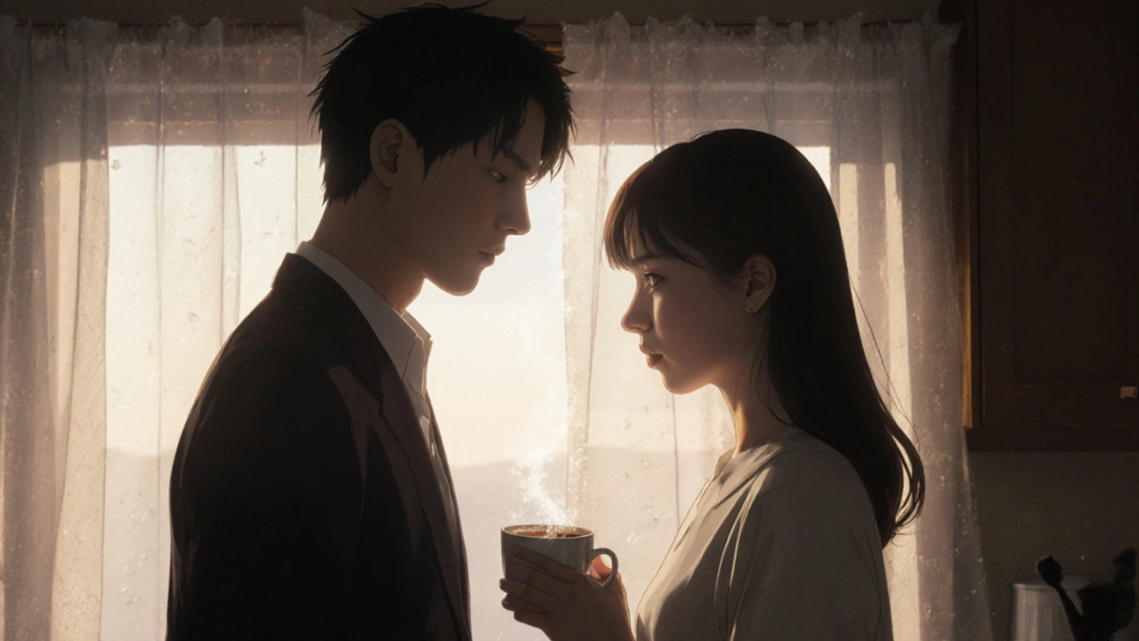 Un couple dans une cuisine au petit matin, leurs mains presque jointes mais séparées par une invisible barrière émotionnelle.