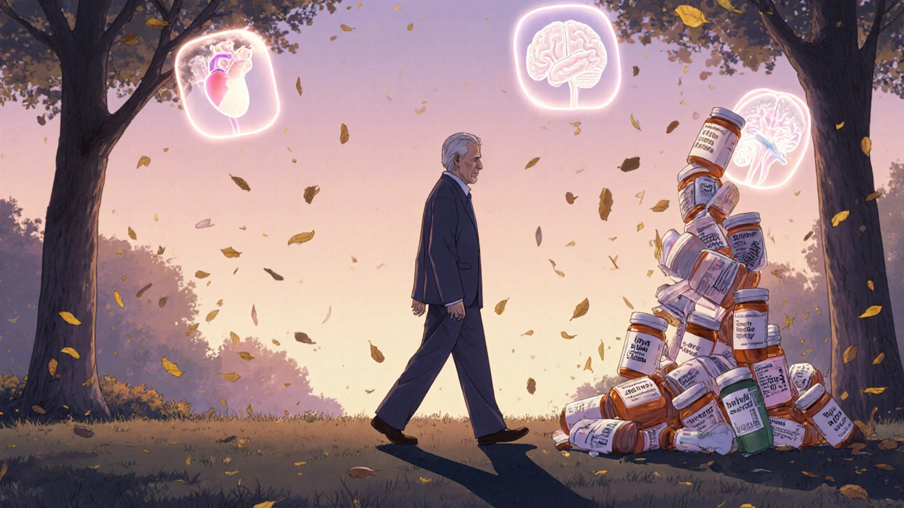 Un homme âgé marchant dans un parc, son ombre étant une tour de pilules qui s&#039;effondre, ciel pastel au lever du jour.