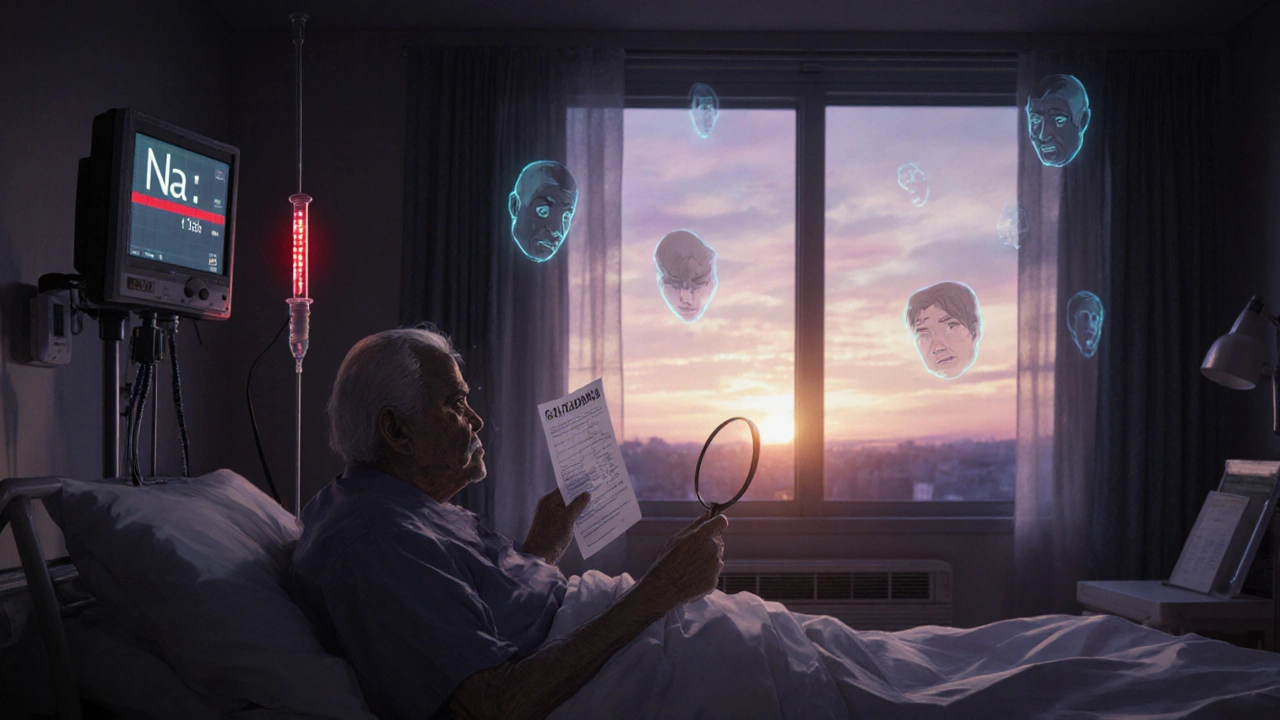 Un patient âgé à l&#039;hôpital, avec un moniteur affichant un sodium critique, entouré de visages flottants de confusion.
