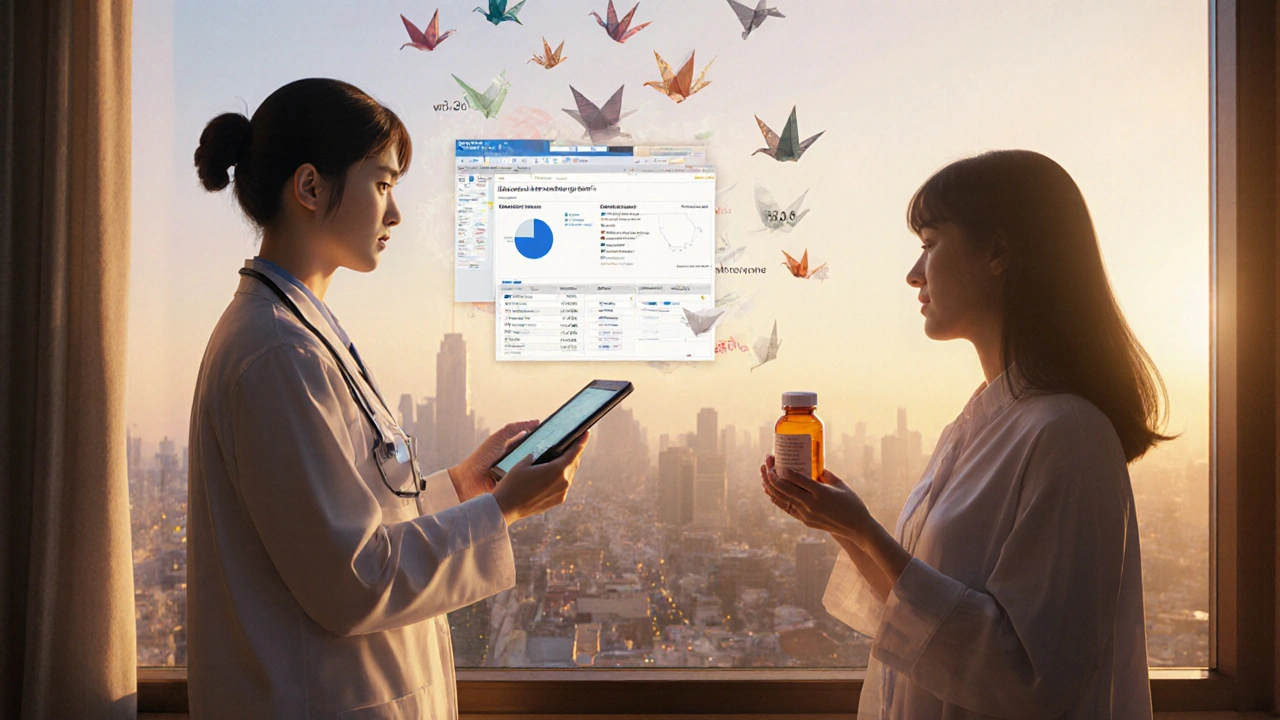 Un patient marche avec son médicament au lever du jour, tandis que des informations de couverture flottent en l&#039;air comme des grues de papier.