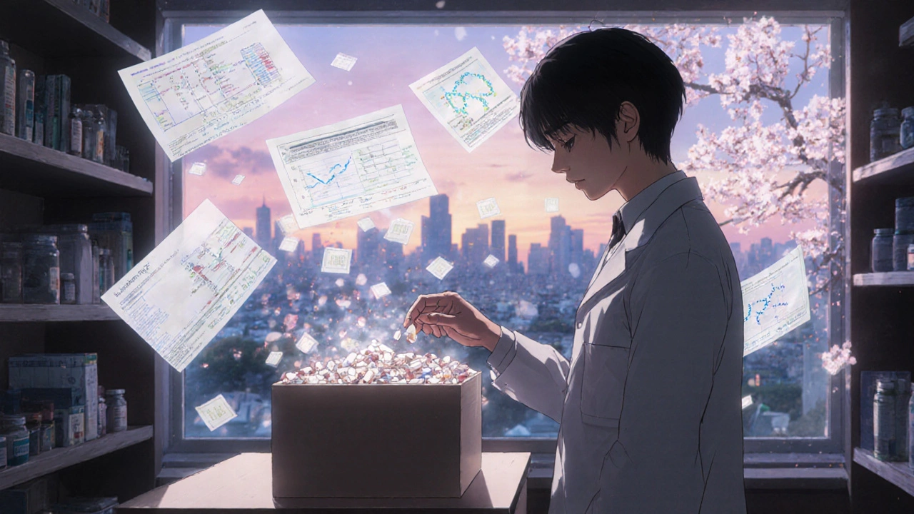 Un pharmacien déposant des médicaments périmés dans une boîte de collecte, entouré de données scientifiques flottantes et de pétales de cerisier.