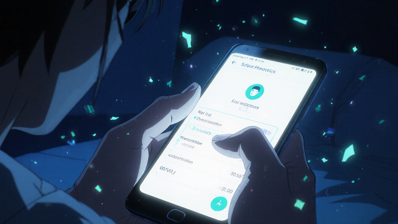 Un téléphone affiche une application de pharmacie sécurisée avec une ordonnance chiffrée.