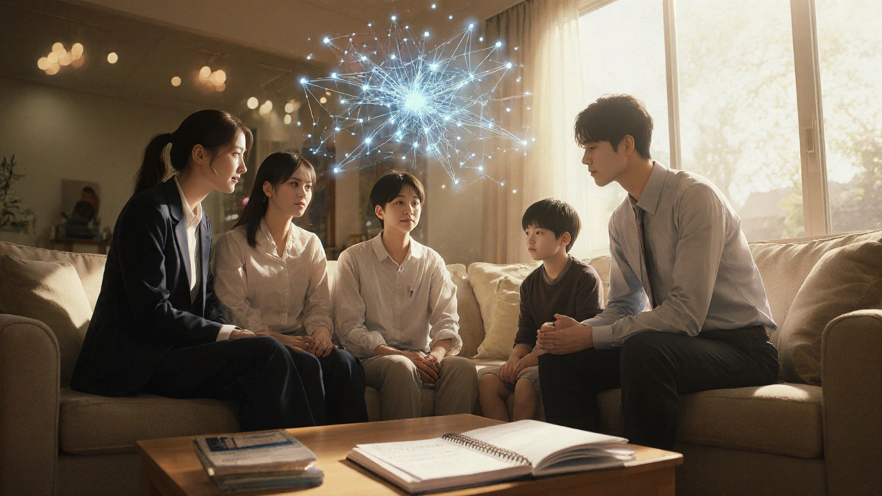 Une équipe de soins spécialisés avec une famille dans une pièce lumineuse, des connexions cérébrales douces en arrière-plan.