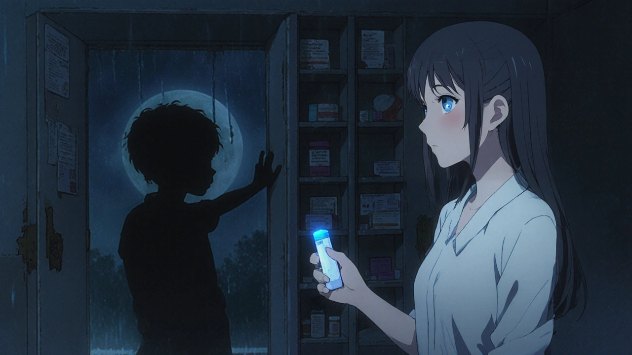 Une femme tenant un EpiPen périmé, des médicaments dégradés visibles dans les armoires derrière elle, éclairée par la lune.