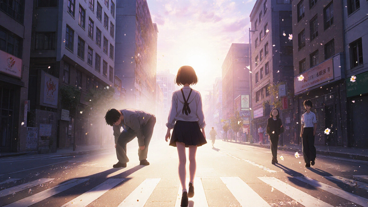 Une jeune femme marchant vers l&#039;aube, son ancien soi flou derrière elle, un chemin lumineux vers la récupération.