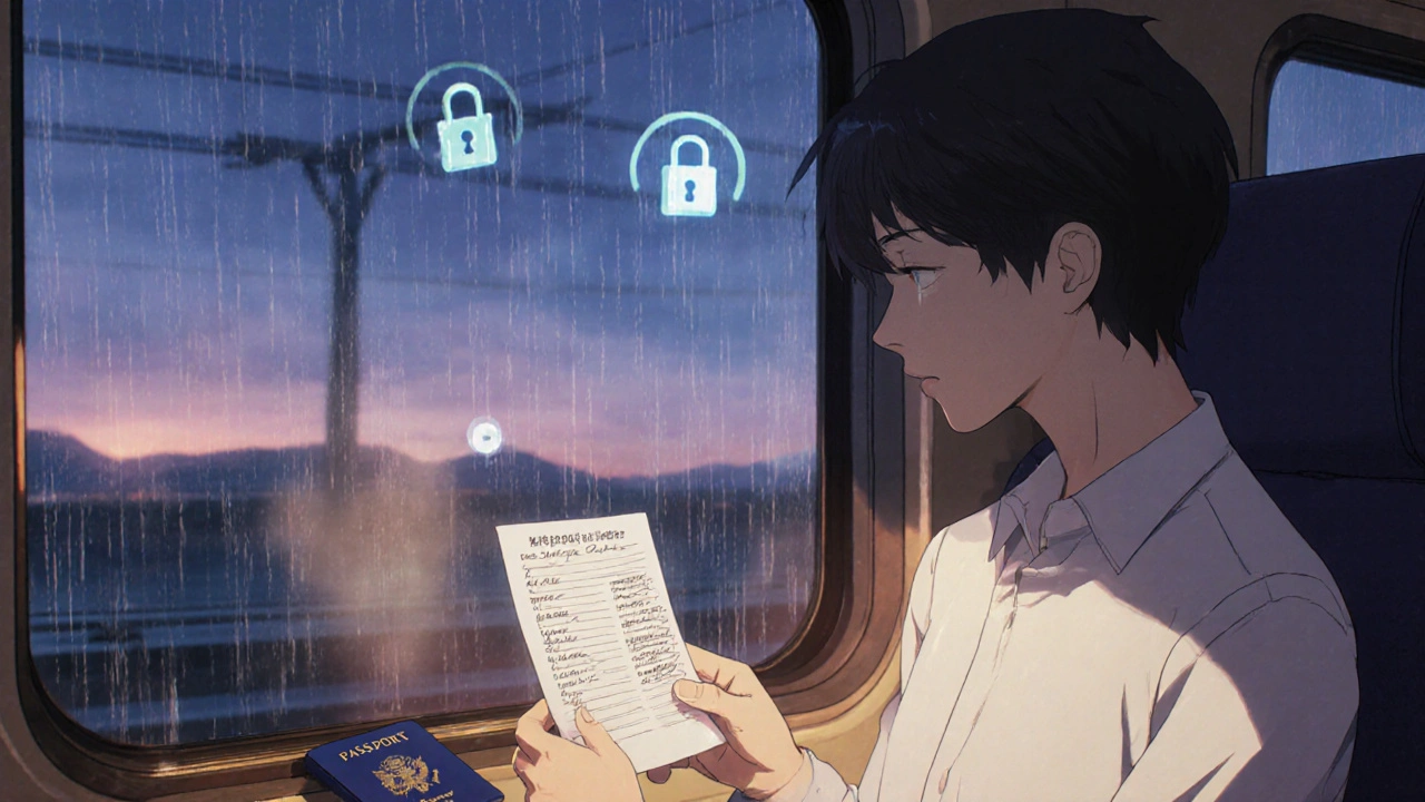 Une liste manuscrite de médicaments repose à côté d&#039;un passeport sur un train de nuit.