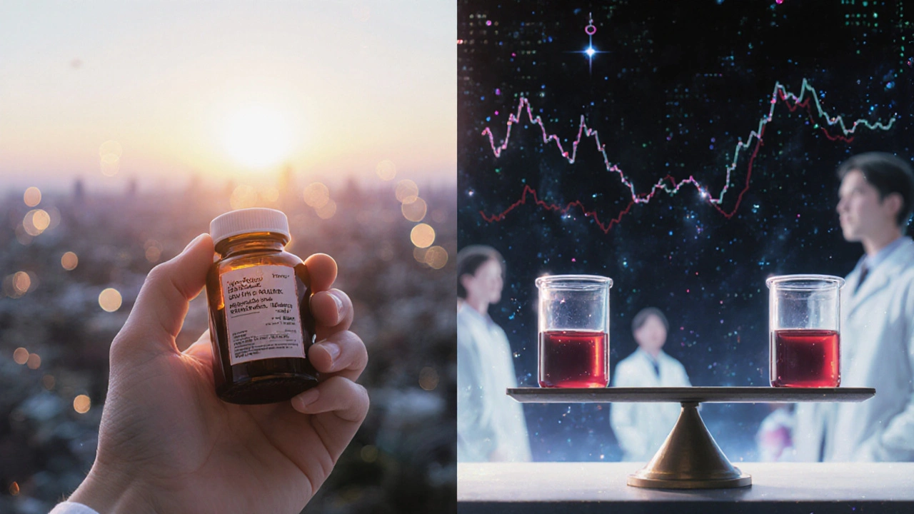 Une main tenant une bouteille de médicament, avec une balance de sang équilibrée et des données scientifiques flottantes en arrière-plan.