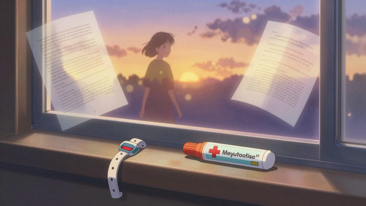 Bracelet médical et stylo d&#039;urgence sur un rebord de fenêtre au crépuscule, avec des pages de guide patient flottant autour.