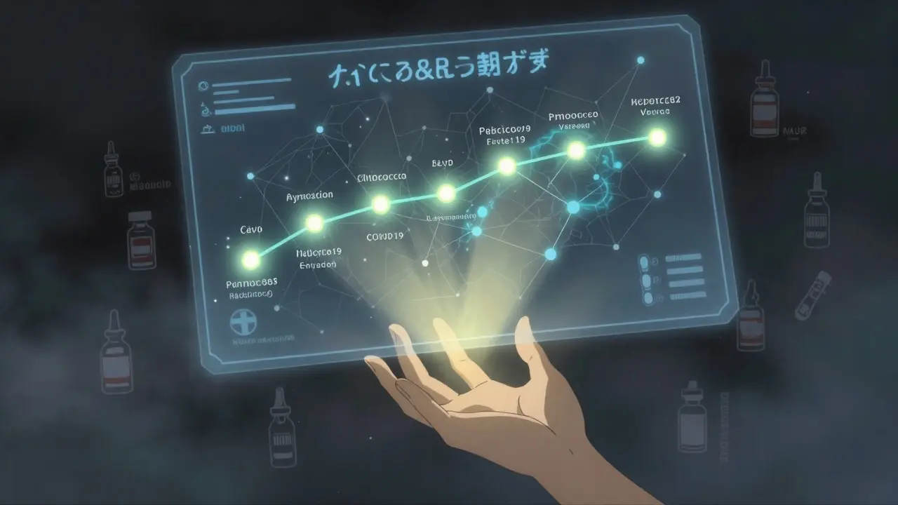 Charte médicale flottante avec des doses de vaccins lumineuses, des vaccins vivants en train de disparaître.