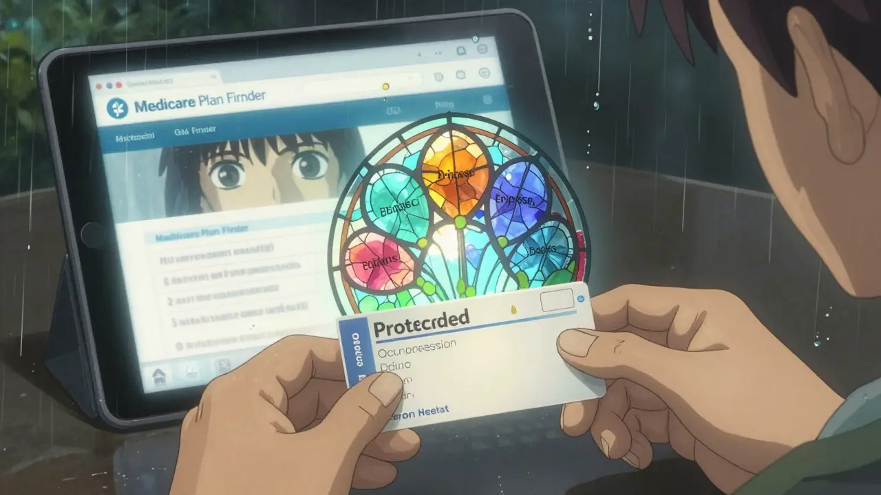 Deux mains échangeant une ordonnance, avec des classes de médicaments protégées en vitrail derrière elles, et un écran de comparaison de prix en reflet.