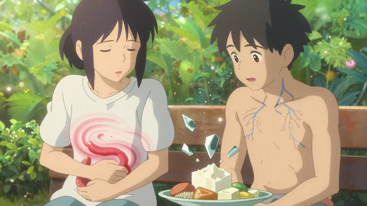 Deux patients dans un jardin hospitalier, des particules rouges et des fragments alimentaires flottent autour d'eux dans un style lumineux.