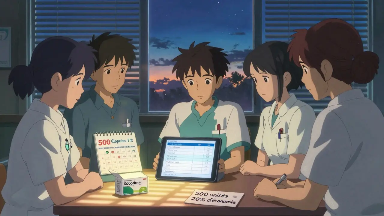 Du personnel médical observe un écran affichant une réduction de prix sur des médicaments génériques, la lumière du jour filtre à travers les stores.