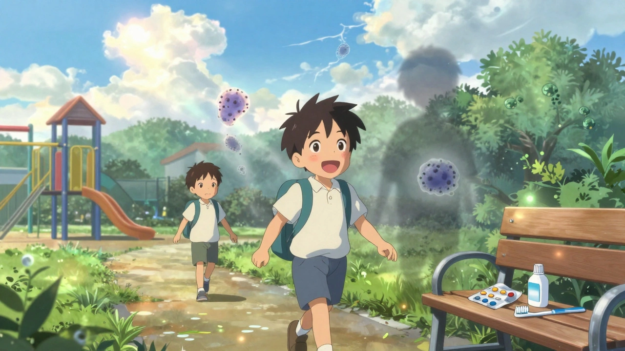 Enfant revenant à l&#039;école, une bactérie disparaît en brume, symbole de guérison et prévention.