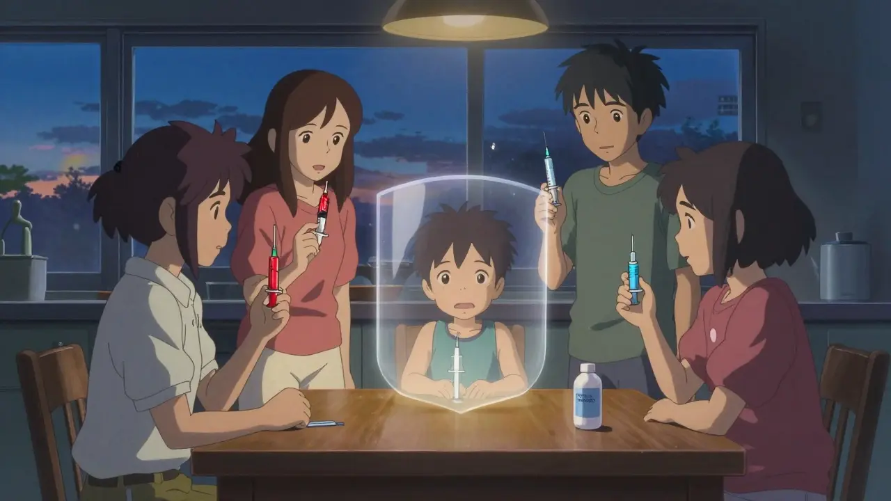 Famille autour d'une table, des symboles de vaccins flottent, protégeant une personne au centre.