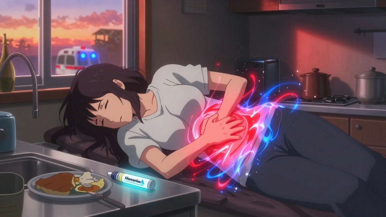 Femme en train de s&#039;effondrer dans une cuisine, une stylo d&#039;hydrocortisone sur le comptoir, des ondes d&#039;énergie rouge et bleue émanant de son corps.