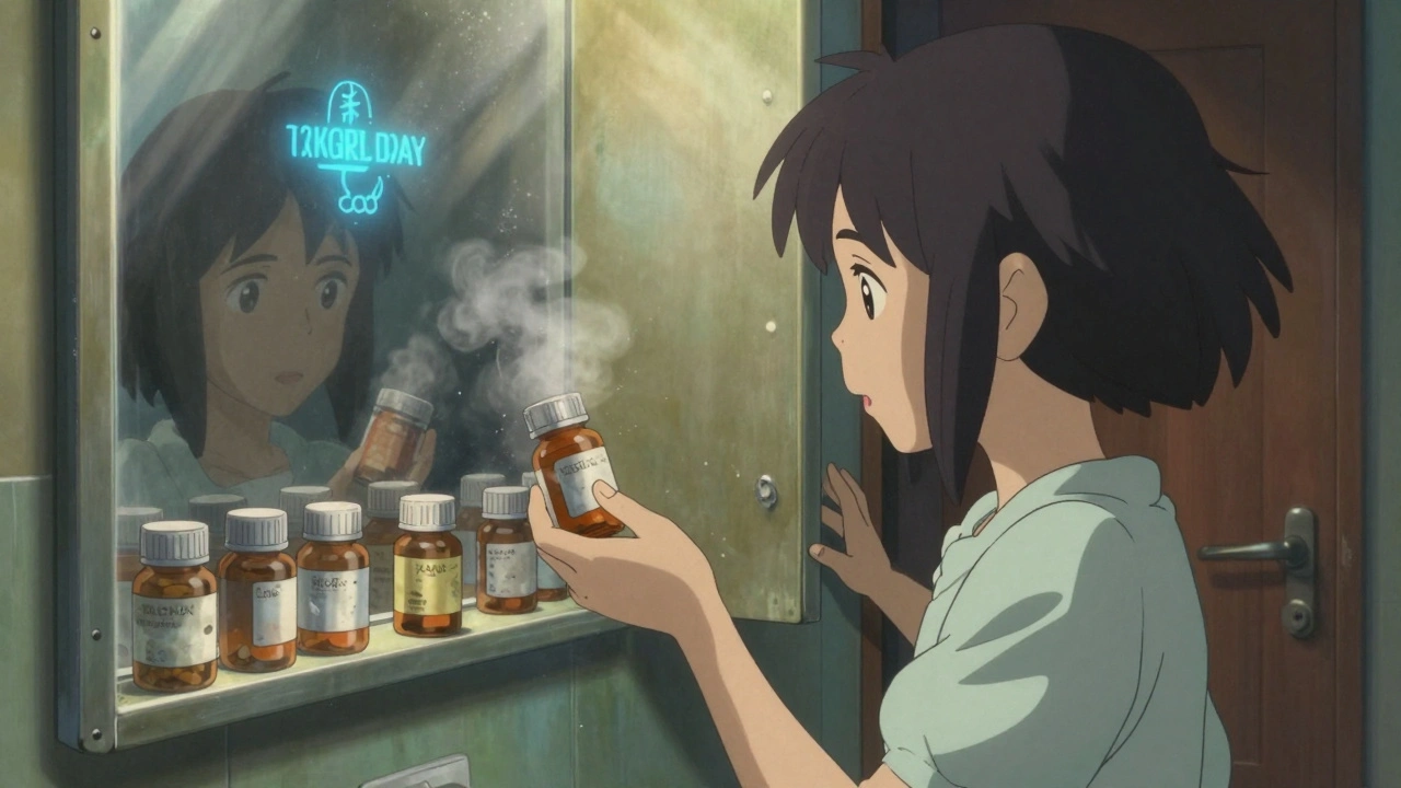 Fille atteignant une armoire de salle de bain remplie de comprimés dégradés, reflet d’un site web contrefait dans le miroir.