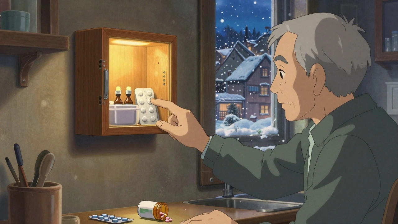 Homme âgé ouvrant un coffre-fort vocalisé, flacons d’insuline bien rangés, neige tombe à la fenêtre.