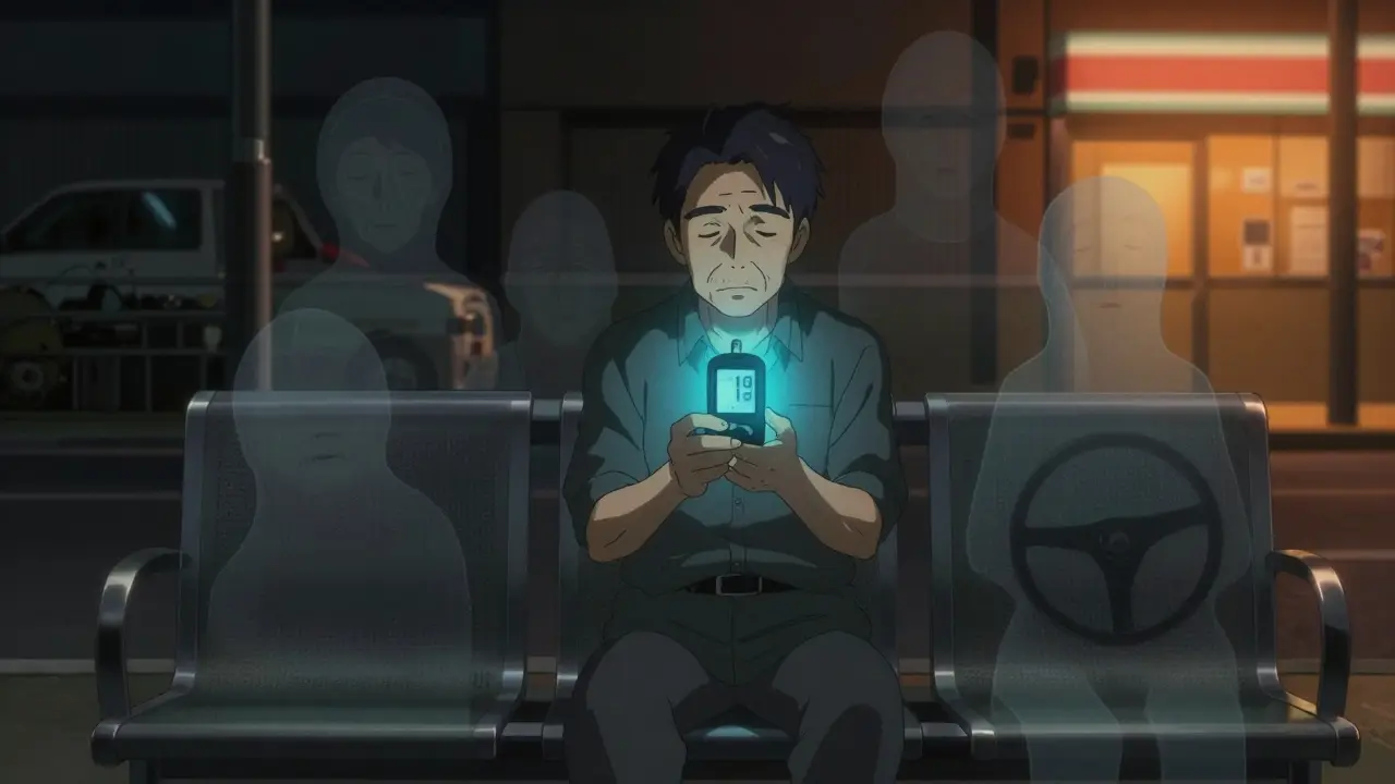 Homme âgé sur un banc d'hôpital la nuit, regardant un glycémie basse, des ombres fantomatiques flottent autour de lui.