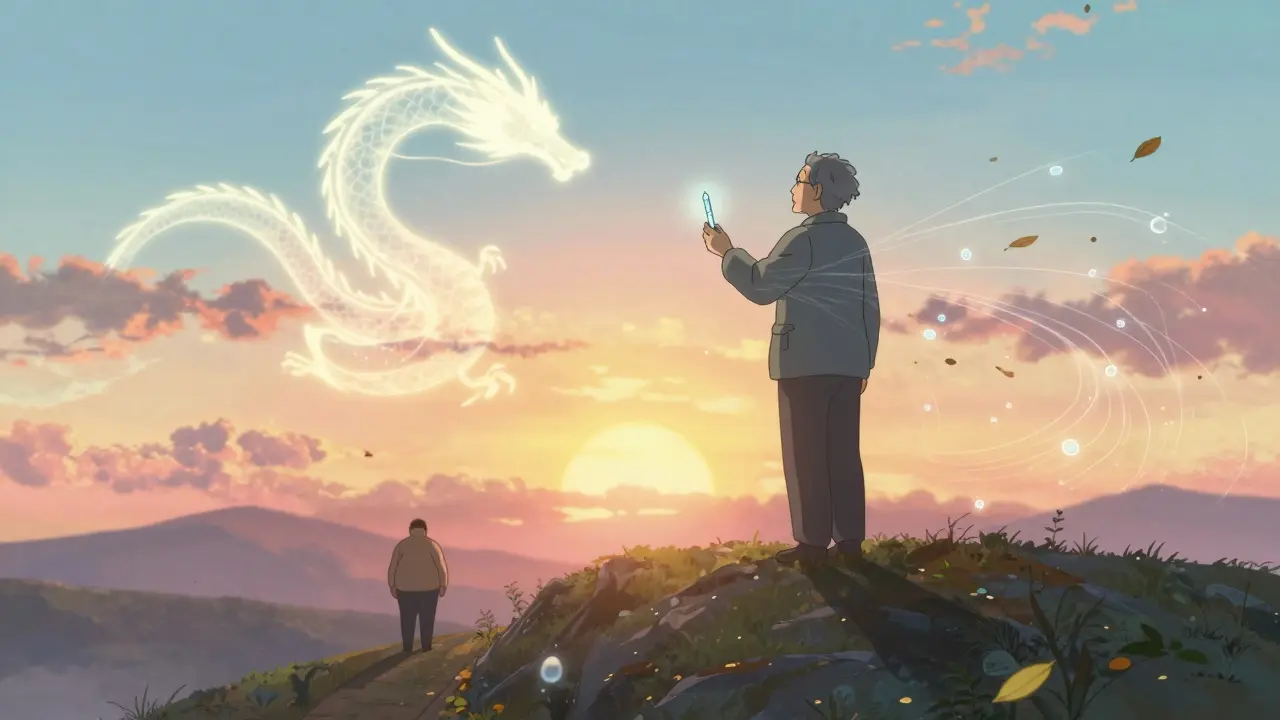 Homme sur une colline au lever du soleil tenant un injecteur GLP-1, des feuilles et molécules de glucose tourbillonnent autour de lui.