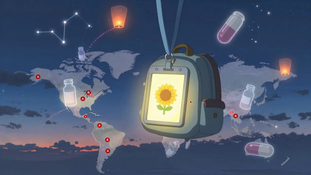 Lanière avec fleur de tournesol flottant au-dessus d'une carte mondiale marquée par des avertissements médicaux.