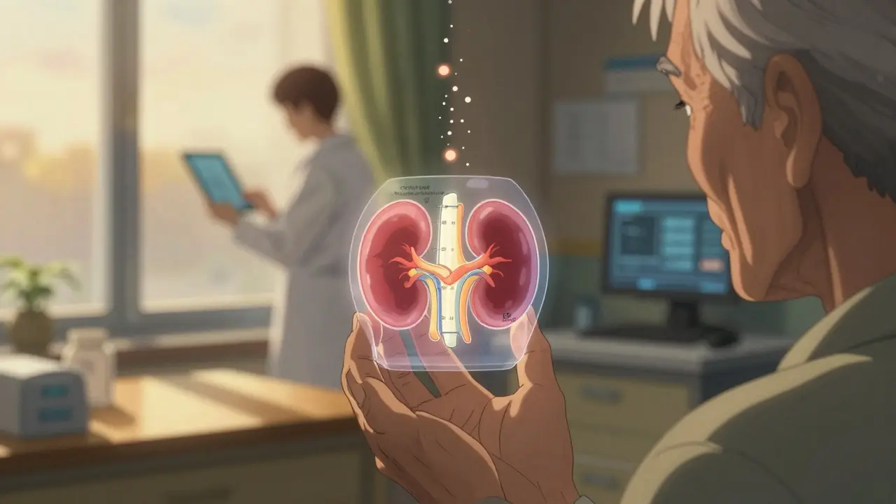 Main d'une personne âgée tenant un flacon de médicaments avec un rein transparent et une formule de Cockcroft-Gault qui brille sous la peau.