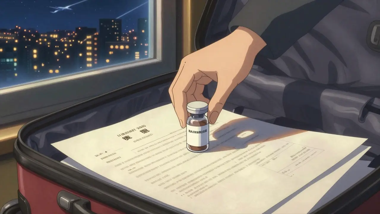 Main posant un flacon de médicament avec une traduction certifiée et une ordonnance sur un fond de valise.