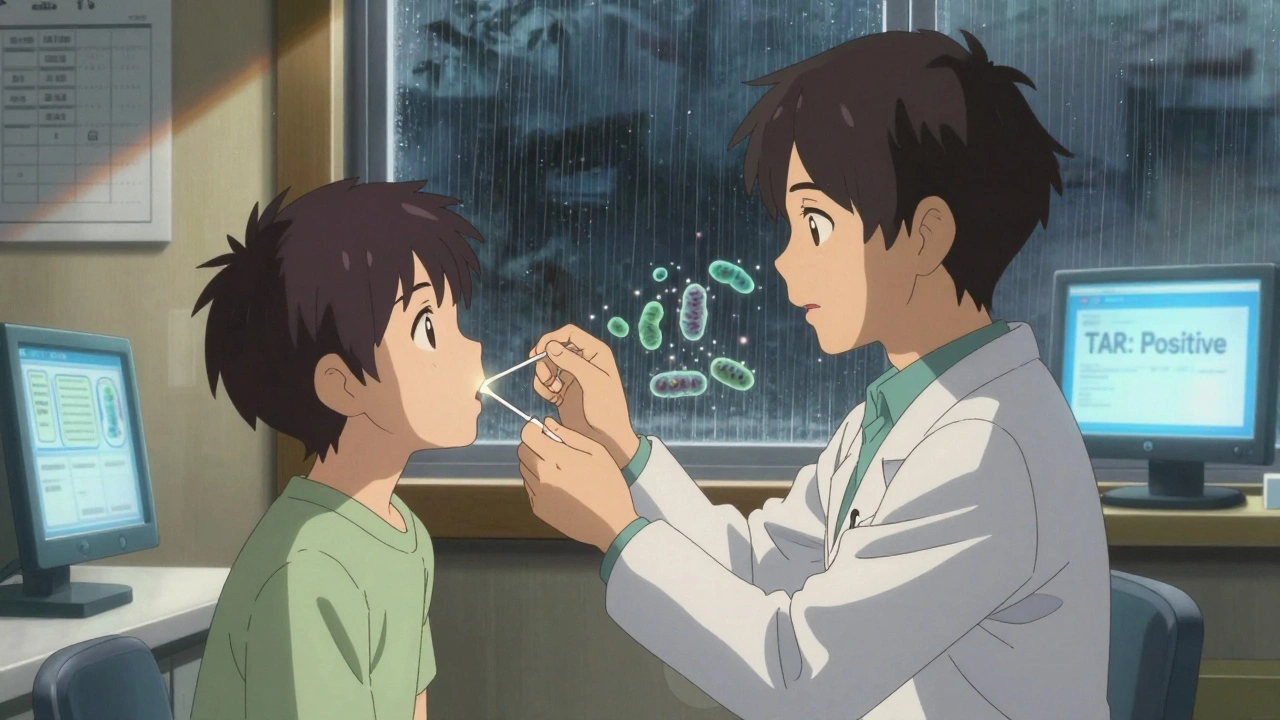 Médecin effectuant un prélèvement de gorge, des bactéries lumineuses flottent autour du coton-tige.