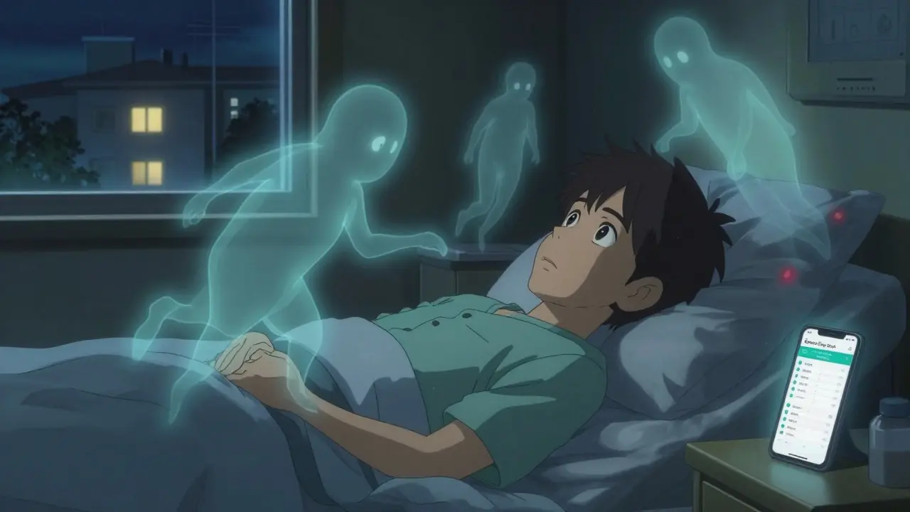 Patient au lit la nuit, entouré d'auroras sombres représentant les symptômes, avec une application médicale qui clignote.