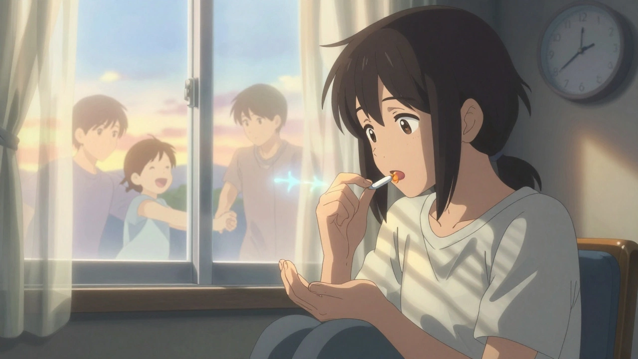 Patient prenant un film de riluzole au bord d&#039;une fenêtre, la lumière du matin éclaire ses mains, des souvenirs flous flottent autour.