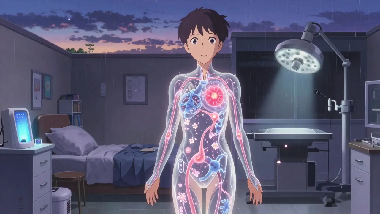 Patient recevant une injection sous un ciel crépusculaire, des signaux inflammatoires disparaissent comme des pétales de cerisier.