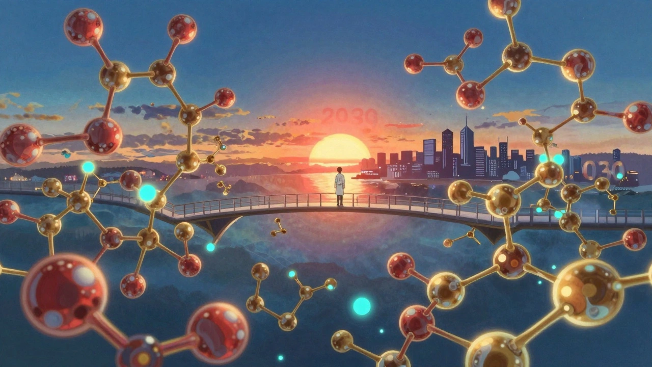 Paysage moléculaire luminescent avec un médecin sur un pont flottant vers un horizon futuriste.