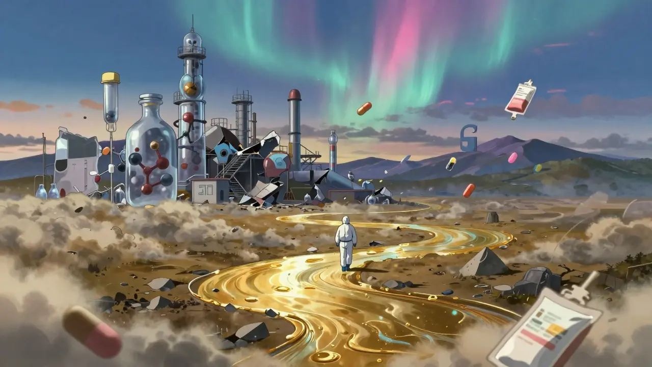 Paysage symbolique d'une chaîne d'approvisionnement brisée : usine en ruine, flacons flottants, rivières de liquide qui se transforment en poussière.