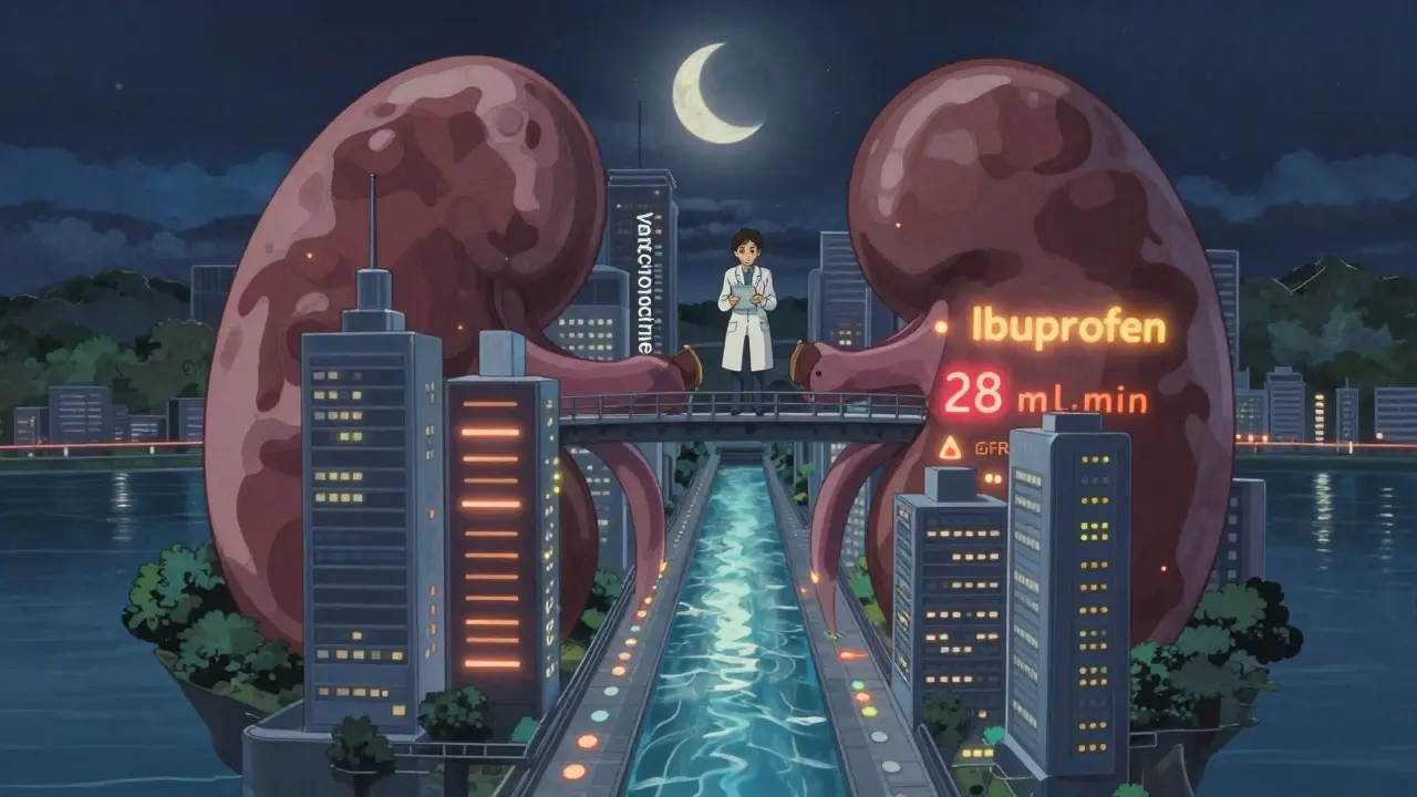 Paysage symbolique d'une ville construite sur un rein géant, avec des rivières de médicaments et des gratte-ciels marqués par des avertissements lumineux.