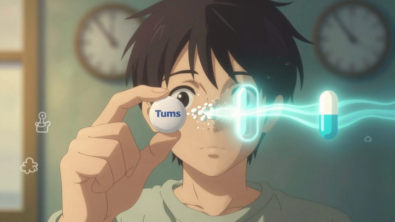 Personne tenant antibiotique et antiacide, avec overlay temporel montrant absorption réussie ou échec.