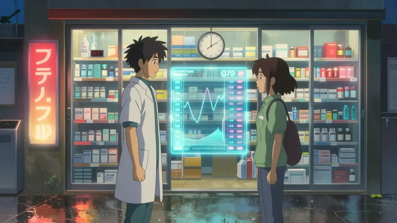 Pharmacien et patient dans une pharmacie au crépuscule, avec un tableau holographique de niveaux médicamenteux.