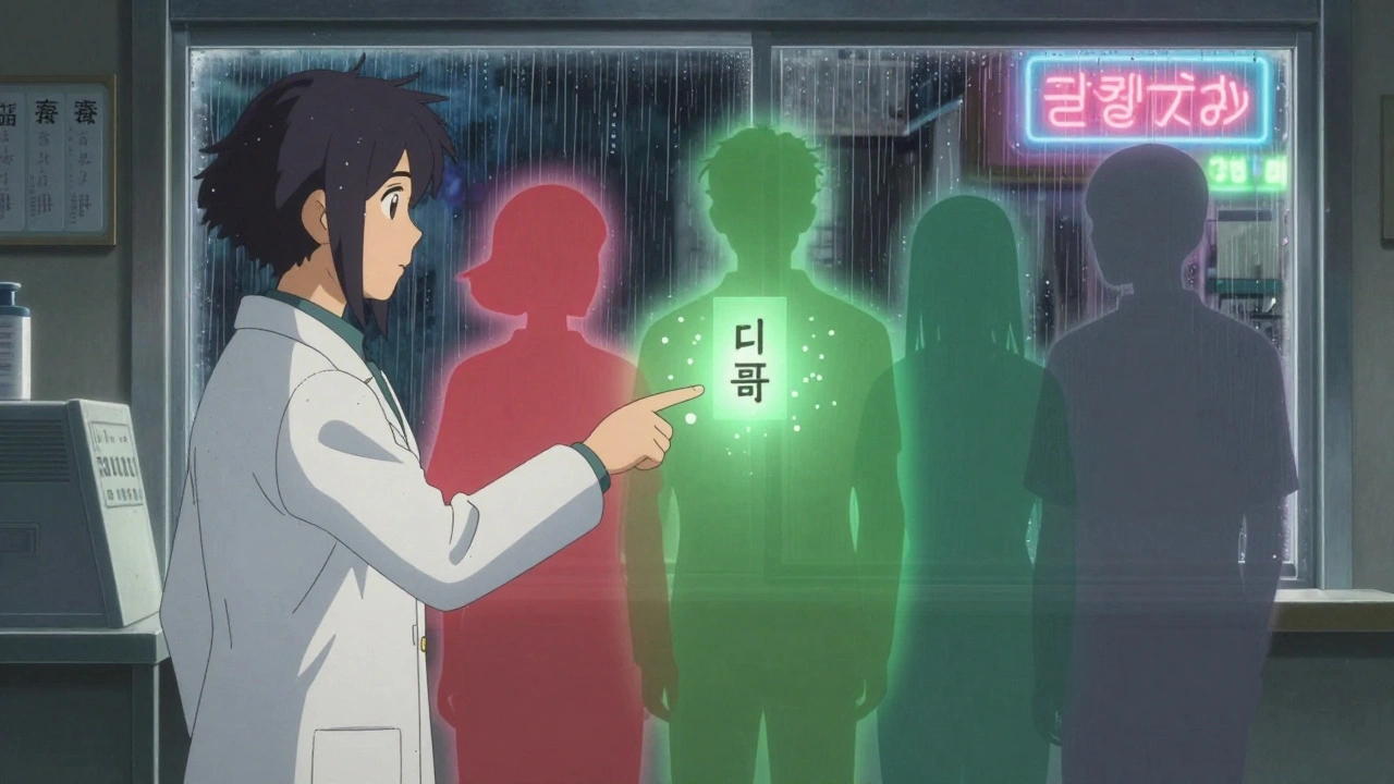 Pharmacien montrant un avertissement, trois patients aux auras colorées sous une pluie douce.