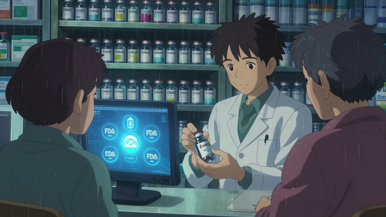 Pharmacien remettant un biosimilaire à un patient sous une lumière bleue douce.