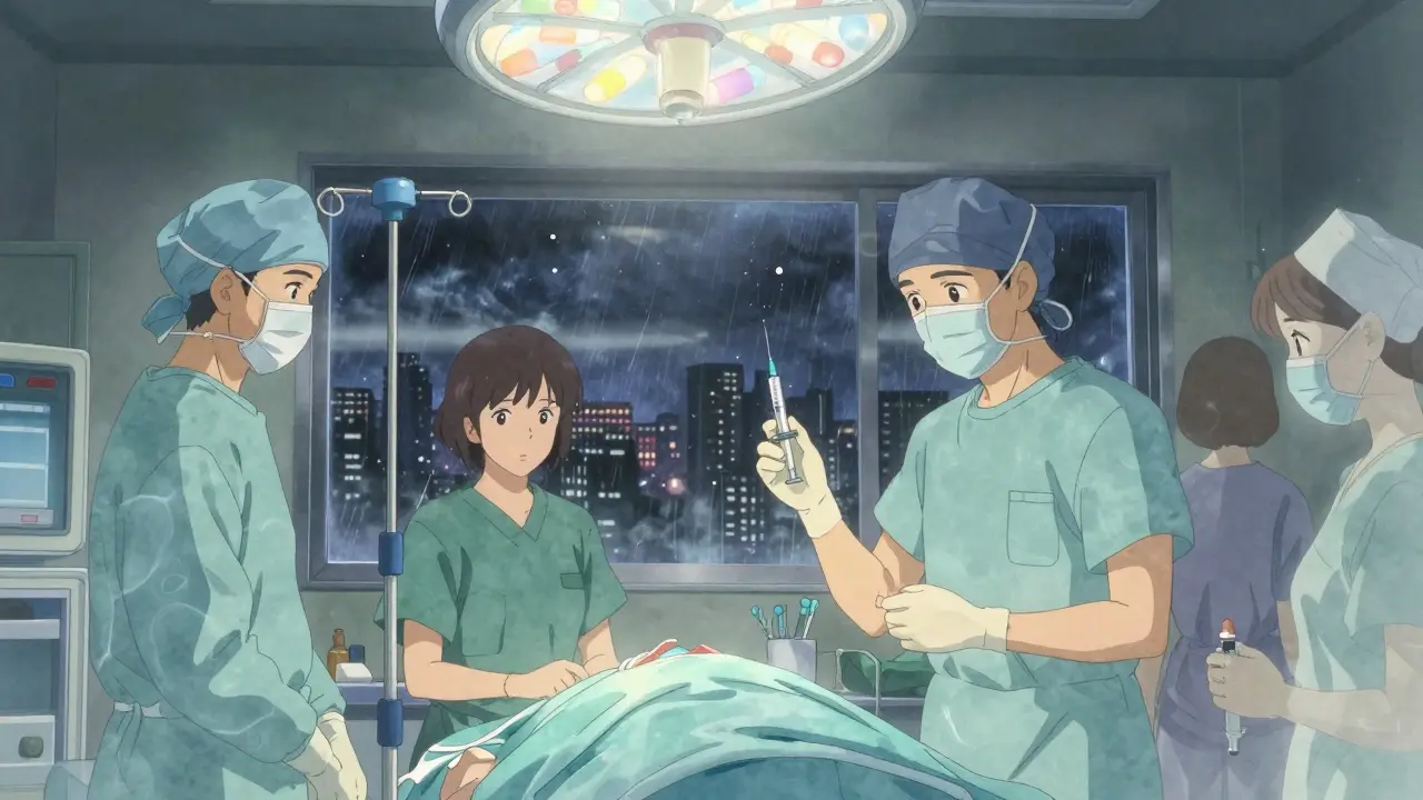 Salle d'opération arrêtée, infirmière tenant la dernière seringue, patient inanimé, tempête visible par la fenêtre.