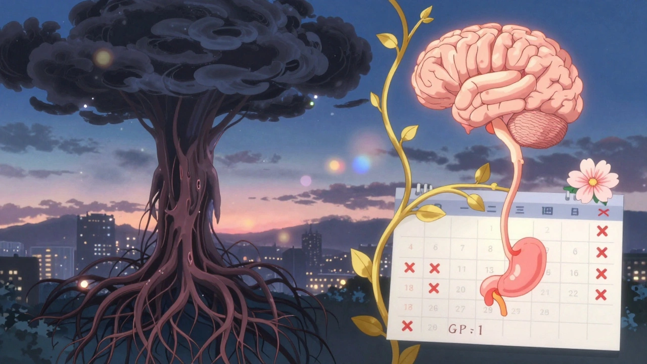 Scène intérieure symbolique : racines sombres transformées en vines dorées, représentant la réduction de la résistance à l&#039;insuline et la régularité des règles.