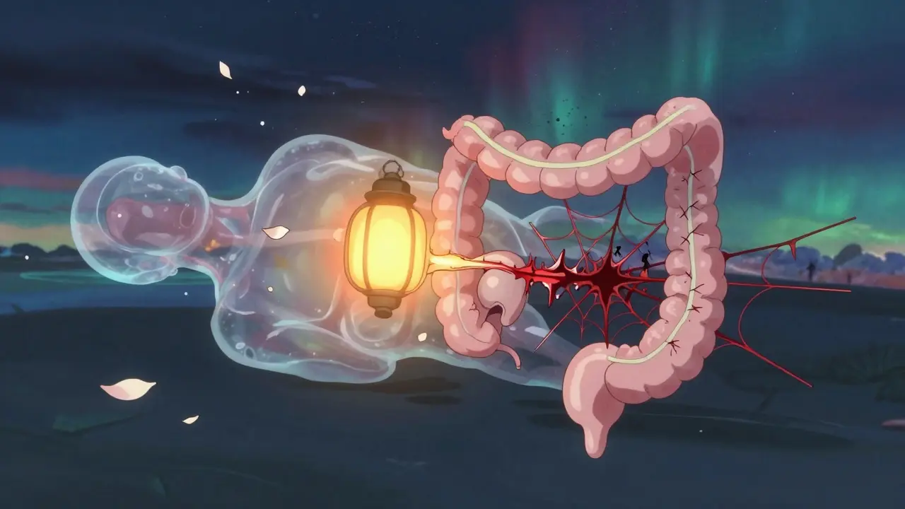 Torse humain flottant avec une poche intestinale lumineuse d'un côté et des fissures récurrentes de l'autre, sous un ciel étoilé.