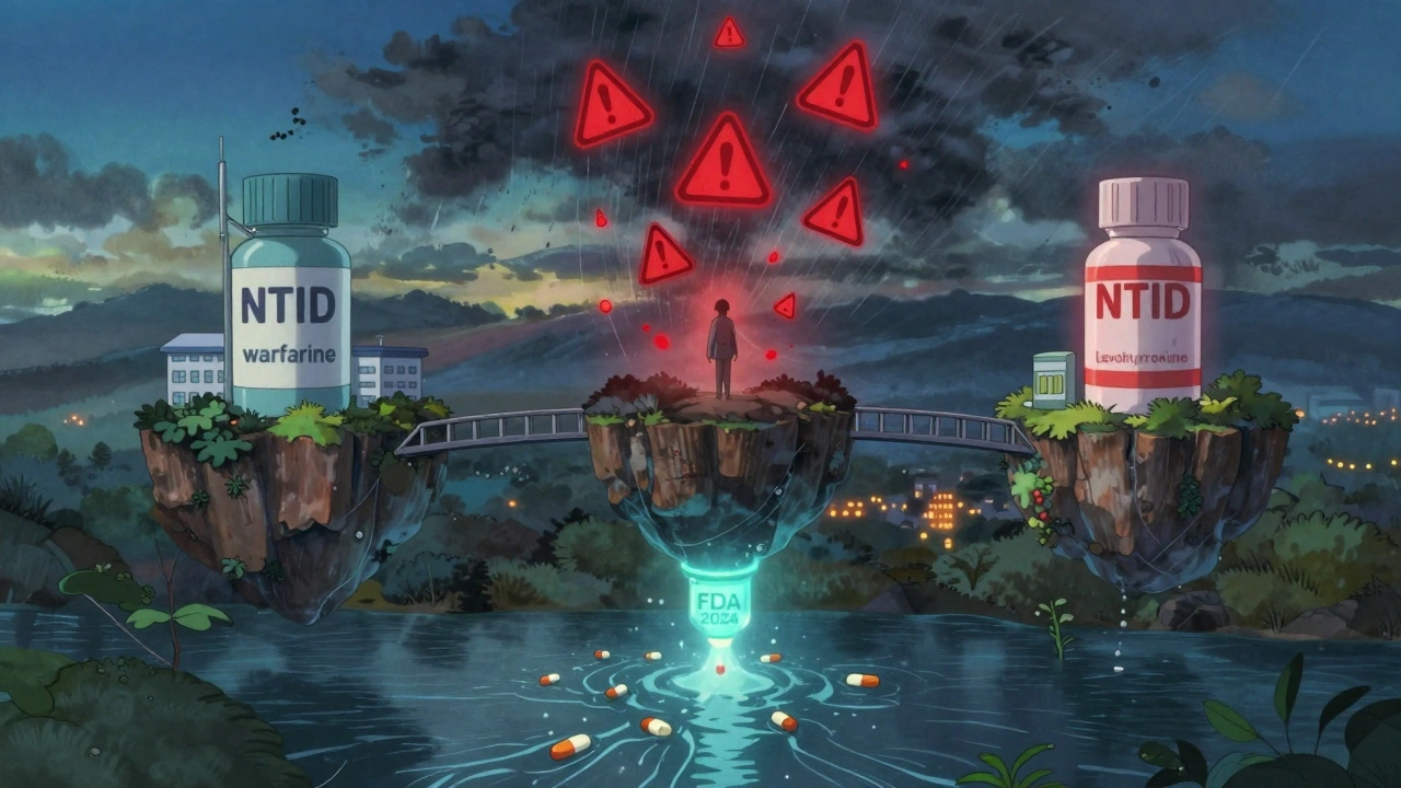 Trois îles flottantes représentent des médicaments à indice thérapeutique étroit, une tempête de signaux d&#039;alerte tourbillonne autour d&#039;une figure isolée.