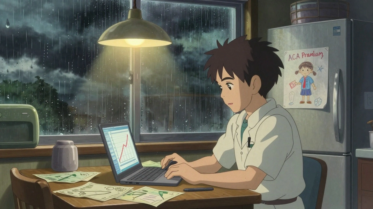 Un auto-entrepreneur à la cuisine, des factures éparpillées, un dessin d'enfant sur le frigo, une tempête à la fenêtre.