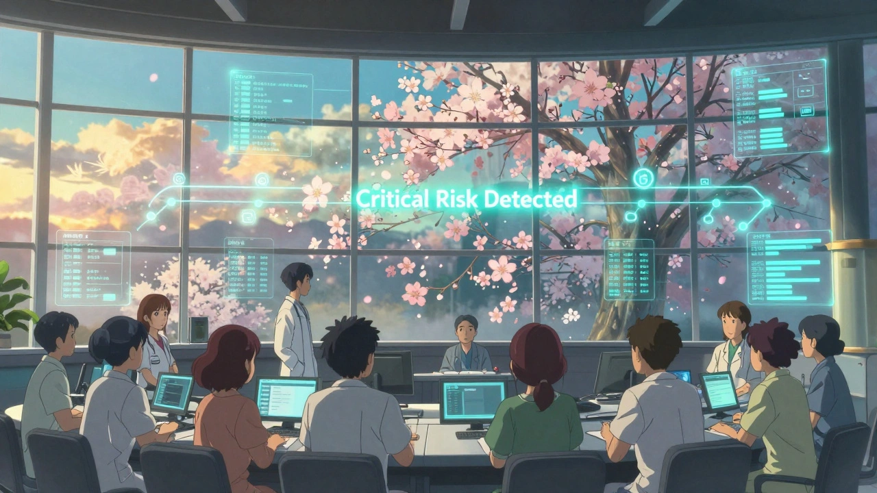 Un centre de contrôle FDA avec des alertes holographiques en forme de fleurs, éclairées par une lumière douce au lever du jour.