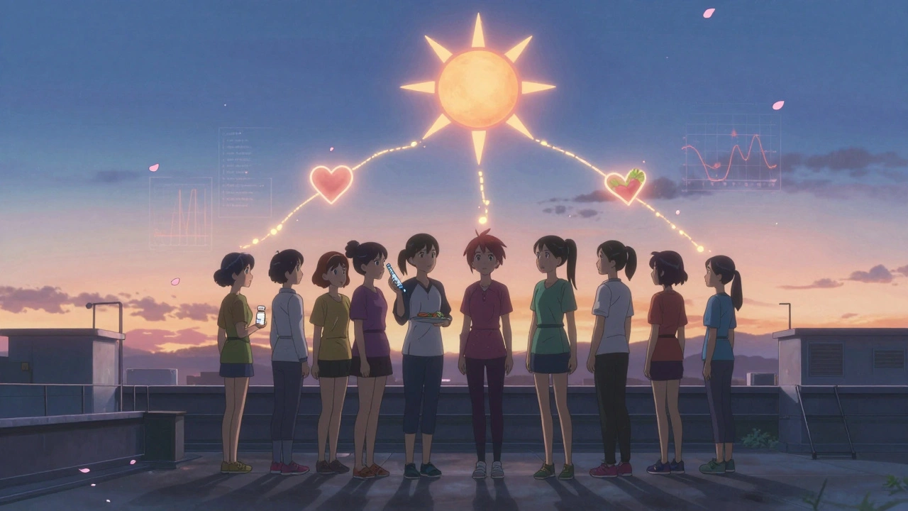 Un groupe de femmes sur un toit au lever du soleil, tenant des symboles de traitement et de mode de vie sain, entourées de lumière et de pétales.