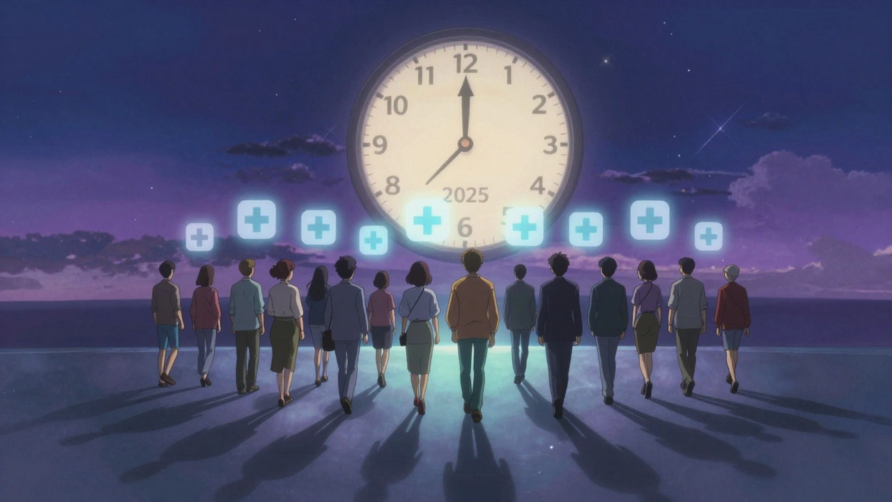 Un groupe de personnes marchant sur un chemin lumineux d'icônes de soins, une horloge géante indique fin 2025.