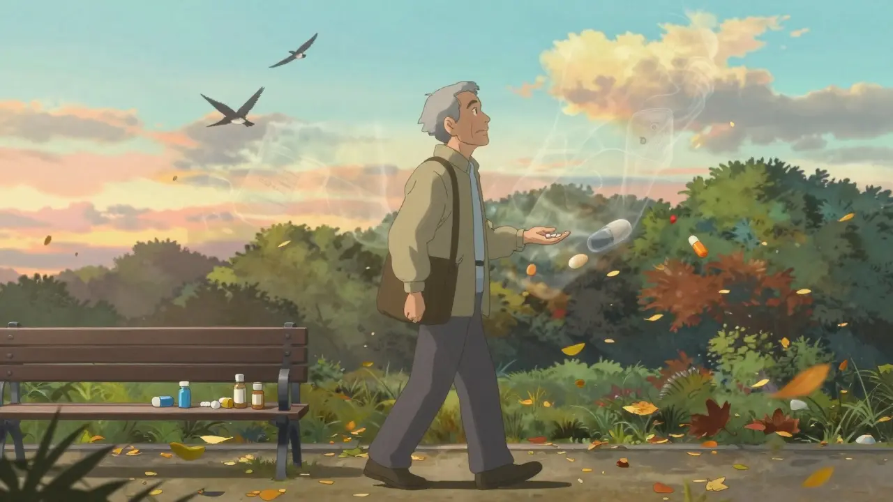 Un homme âgé marche dans un parc au lever du jour, tenant seulement deux pilules, les autres médicaments disparus derrière lui.